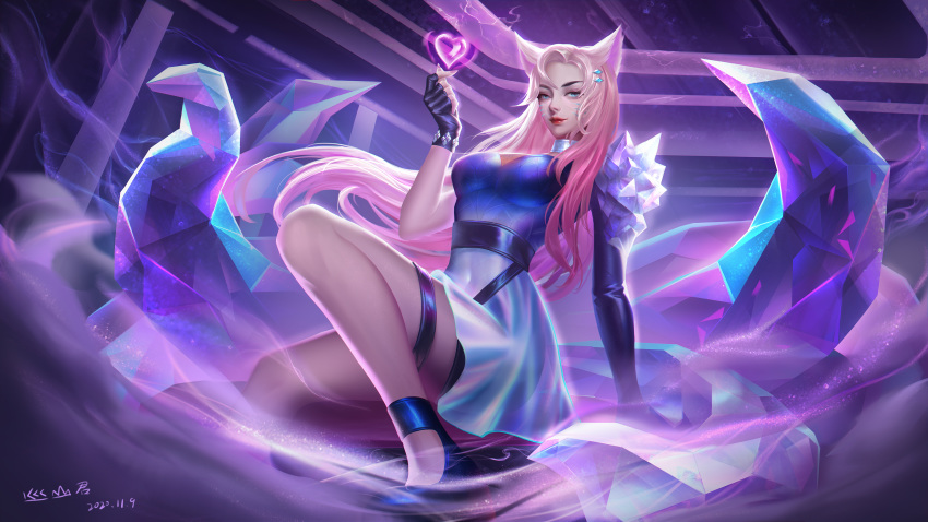 471610318 absurdres ahri animal_ears asymmetrical_docking blonde_hair breast_press fox_ears fox_girl fox_tail heart high_heels highres league_of_legends long_hair looking_at_viewer multicolored_hair one_knee pink_hair skirt tail