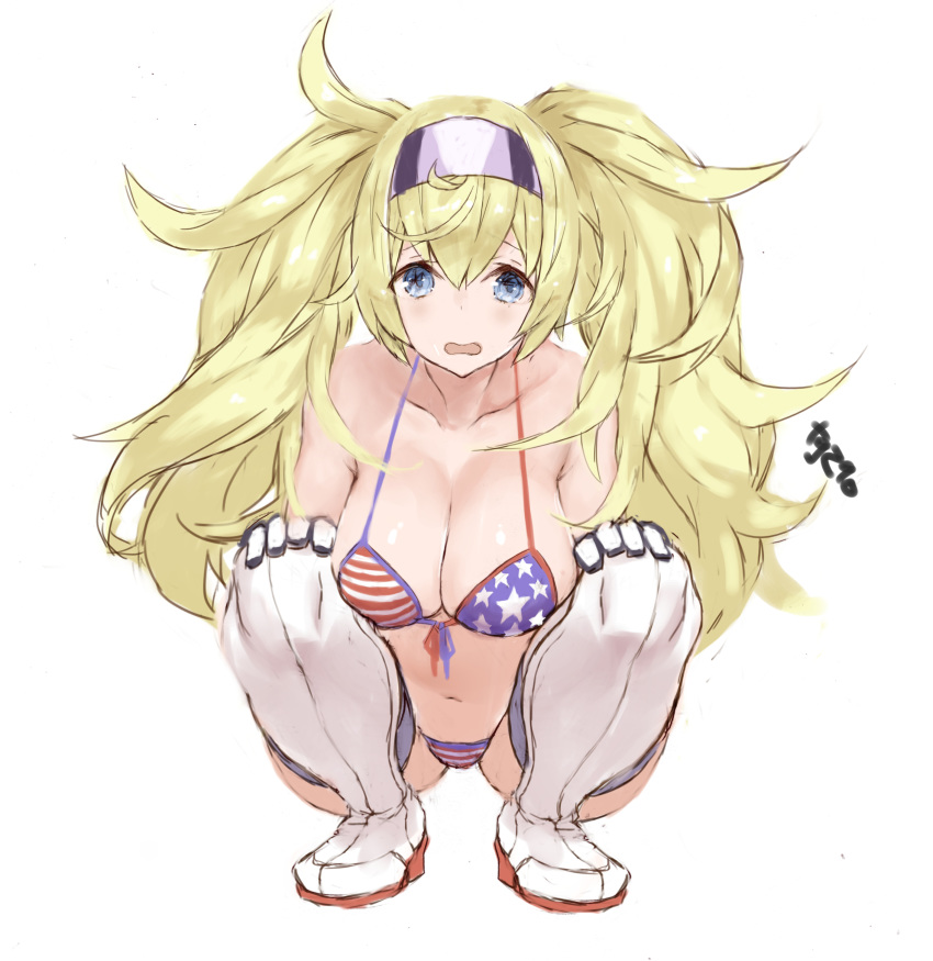 1girl absurdres american_flag_bikini artist_name bikini blonde_hair blue_eyes breasts flag_print gambier_bay_(kantai_collection) hairband highres kantai_collection large_breasts looking_at_viewer open_mouth ryo_(tg290) simple_background solo squatting swimsuit thighhighs twintails white_background white_legwear