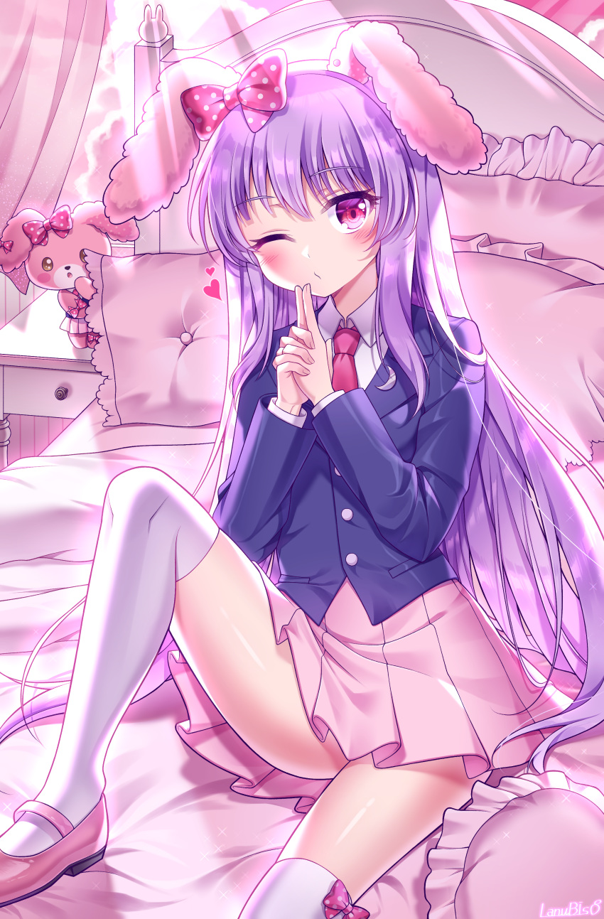 1girl absurdres animal_ear_fluff animal_ears bangs bed bed_sheet blazer bonbonribbon bonbonribbon_(cosplay) bow bunny bunny_ears buttons collared_shirt cosplay crescent crescent_moon_pin curtains full_body hair_bow hands_clasped heart highres index_fingers_raised indoors jacket lanubis light_rays long_hair long_sleeves looking_at_another looking_at_viewer necktie one_eye_closed open_mouth own_hands_together peeking_out pillow pink_eyes pink_footwear pink_skirt pleated_skirt polka_dot polka_dot_bow purple_hair red_bow red_neckwear reisen_udongein_inaba sanrio shirt sitting skirt touhou white_legwear white_shirt window yellow_eyes