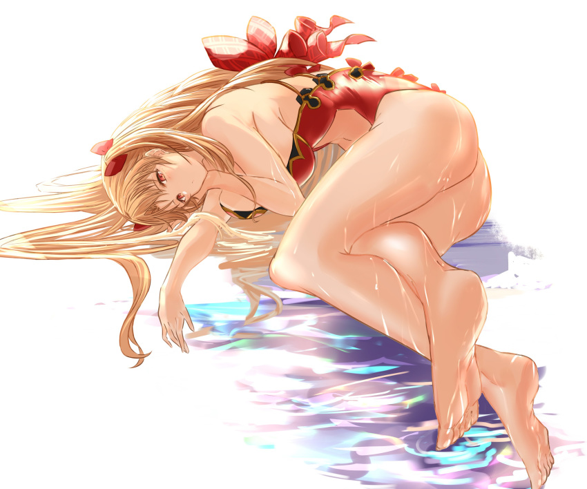 1girl absurdres ass bangs blonde_hair breasts ereshkigal_(fate/grand_order) fate/grand_order fate_(series) highleg highleg_swimsuit highres large_breasts legs long_hair looking_at_viewer lying navel on_side one-piece_swimsuit parted_bangs red_eyes red_swimsuit simple_background swimsuit thighs two_side_up very_long_hair wet white_background yatsuka_(846)