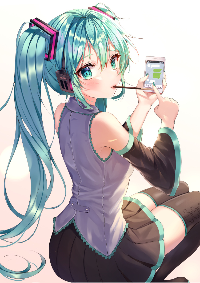 1girl absurdres aina_156cm aqua_eyes aqua_hair bangs bare_shoulders black_footwear black_skirt black_sleeves blush boots cellphone detached_sleeves eyebrows_visible_through_hair food food_in_mouth from_behind green_nails grey_shirt hatsune_miku headphones highres holding holding_phone huge_filesize long_hair long_sleeves looking_at_viewer looking_back miniskirt mouth_hold nail_polish phone pink_lips pleated_skirt pocky shirt sitting skirt smartphone solo thigh_boots thighhighs twintails very_long_hair vocaloid whatsapp