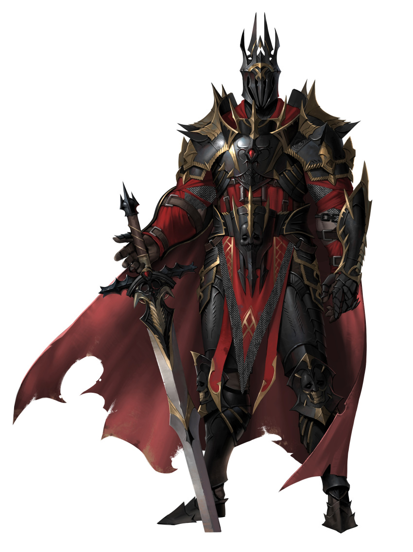 1boy absurdres armor black_armor breastplate brown_gloves cape chain chainmail full_armor gauntlets gloves greaves helm helmet highres holding holding_sword holding_weapon ilsu_jang knight male_focus muscle original pauldrons planted planted_sword planted_weapon red_cape shoulder_armor simple_background solo standing sword torn torn_cape torn_clothes vambraces weapon white_background