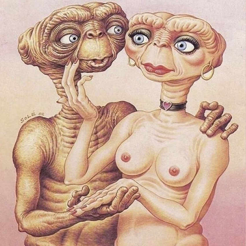 1982 1:1 alien alien_humanoid blue_eyes breasts brown_body brown_skin choker duo e.t. e.t._the_extra-terrestrial ear_piercing ear_ring female hi_res humanoid humanoid_on_humanoid jean_sole jewelry lipstick makeup male male/female necklace nipples not_furry piercing traditional_media_(artwork) wrinkles