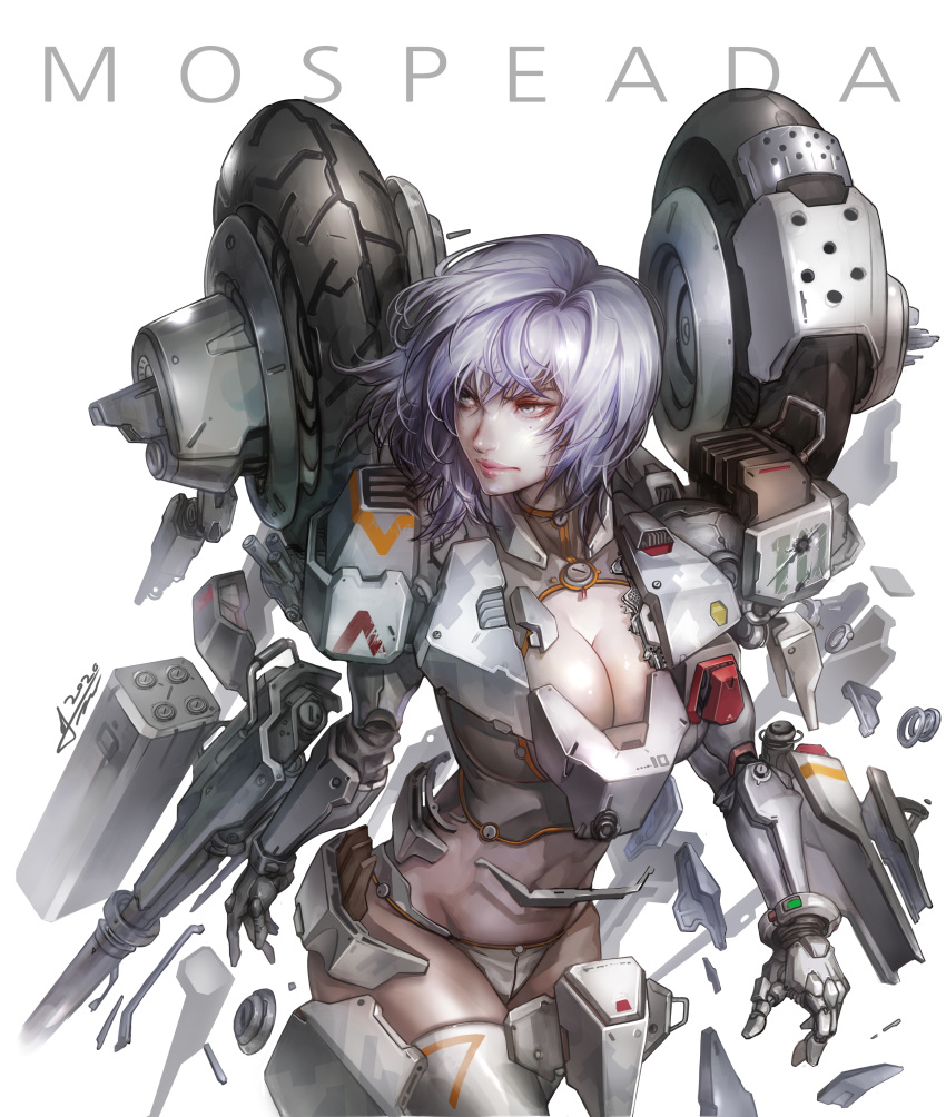 1girl 2020 absurdres arm_cannon bikini body_armor breasts character_name cleavage damaged dated debris exoskeleton gloves highres jay_b_lee kikou_souseiki_mospeada lips looking_to_the_side machinery mecha missile_pod mospeada mospeada_(mecha) power_armor purple_eyes purple_hair realistic redesign science serious shield signature simple_background solo swimsuit tire undressing weapon