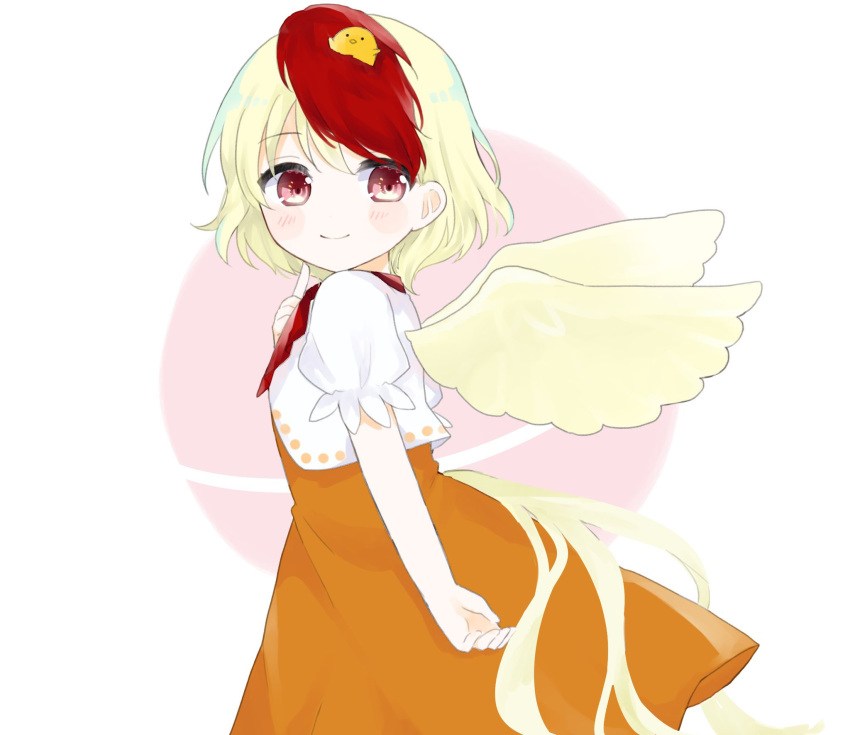 1girl animal_on_head bird_tail blonde_hair blush closed_mouth cropped_shirt dress feathered_wings finger_to_chin from_side highres looking_at_viewer looking_back multicolored_hair niwatari_kutaka on_head orange_dress red_eyes red_hair shirt short_hair simple_background smile solo standing touhou two-tone_hair umi_(nana_spring) upper_body white_background white_shirt wings