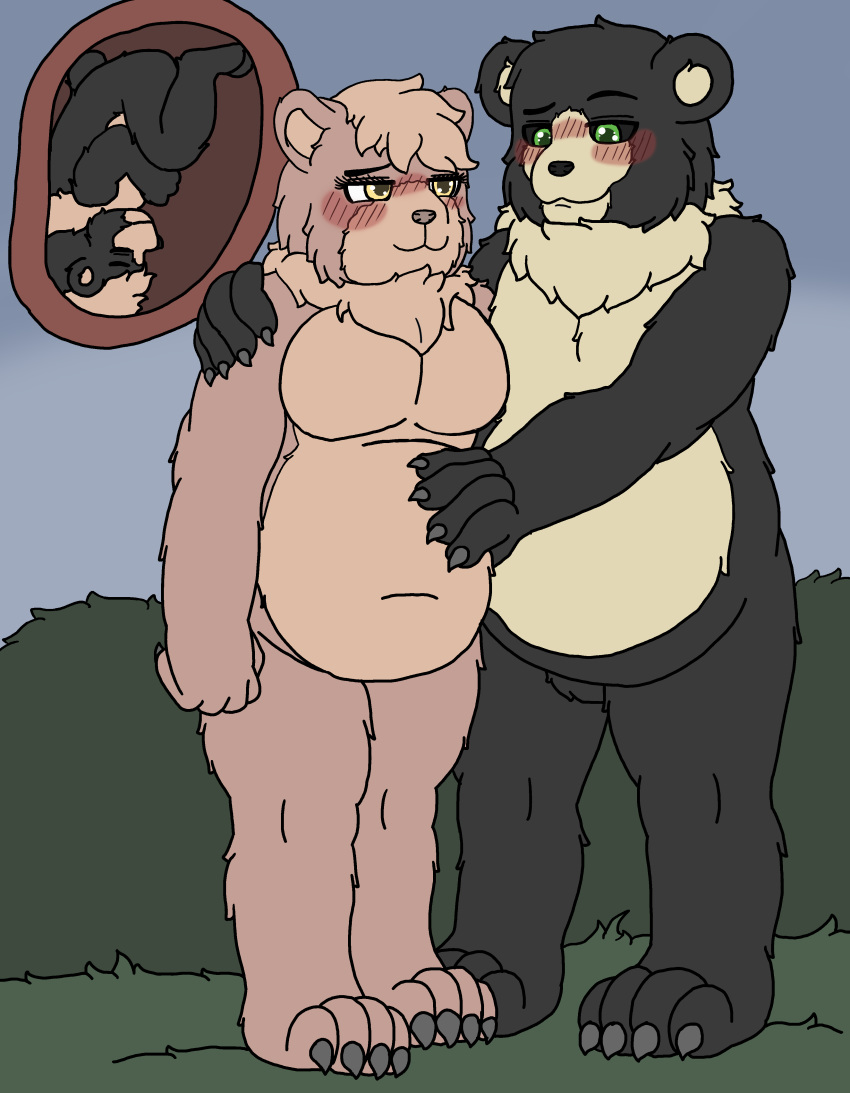 absurd_res anna_the_werebear_(doggyburster) anthro black_body black_fur black_sclera blush brown_body brown_fur child claws darknetic duo father female fetus fluffy fur grass green_eyes hi_res internal kuma_(darknetic) male male/female mammal mother mother_and_father neck_tuft parent parent_and_child pregnant pregnant_belly public simple_background tuft ursid yellow_body yellow_eyes yellow_fur young