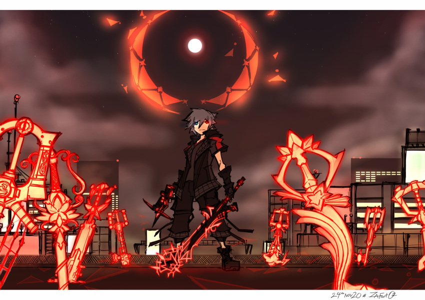 1boy boots bow_(weapon) building city crossbow dual_wielding fingerless_gloves gloves glowing glowing_sword glowing_weapon heterochromia highres holding jacket keyblade kingdom_hearts kingdom_hearts_iii looking_at_viewer moon night night_sky planted_weapon rooftop serious silver_hair sky solo standing sword weapon yozora_(kingdom_hearts) zafa-02