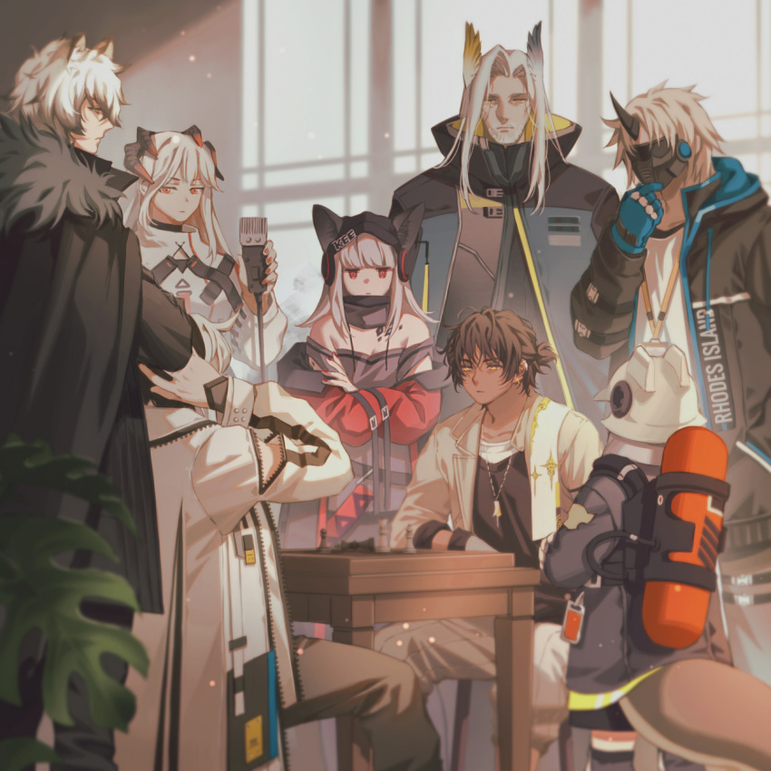 3girls 5boys animal_ears arknights bare_shoulders beard black_cape black_headwear black_jacket blue_gloves board_game brown_hair cape chess chess_piece commentary crossed_arms ears_through_headwear elysium_(arknights) facial_hair firefighter fox_ears from_side frostleaf_(arknights) fur-trimmed_cape fur_trim gloves grey_jacket grey_shirt headphones hellagur_(arknights) helmet high_collar highres horns jacket leopard_ears long_hair manjyufroth mask multiple_boys multiple_girls nail_polish noir_corne_(arknights) off-shoulder_shirt off_shoulder open_clothes open_jacket orange_eyes oripathy_lesion_(arknights) profile red_eyes red_nails saria_(arknights) shaw_(arknights) shirt short_hair silver_hair silverash_(arknights) single_horn thorns_(arknights) white_jacket