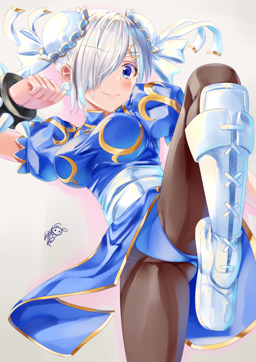1girl absurdres ayakase_hotaru blue_dress blue_eyes blue_leotard blush boots bracelet breasts brown_legwear bun_cover china_dress chinese_clothes chun-li chun-li_(cosplay) commentary_request cosplay cowboy_shot cross-laced_footwear double_bun dress earrings hair_ornament hair_over_one_eye hairclip hamakaze_(kantai_collection) highres jewelry kantai_collection large_breasts leg_up leotard pantyhose pelvic_curtain puffy_short_sleeves puffy_sleeves sash short_hair short_sleeves side_slit signature silver_hair solo spiked_bracelet spikes standing standing_on_one_leg street_fighter sweatdrop white_footwear white_hair