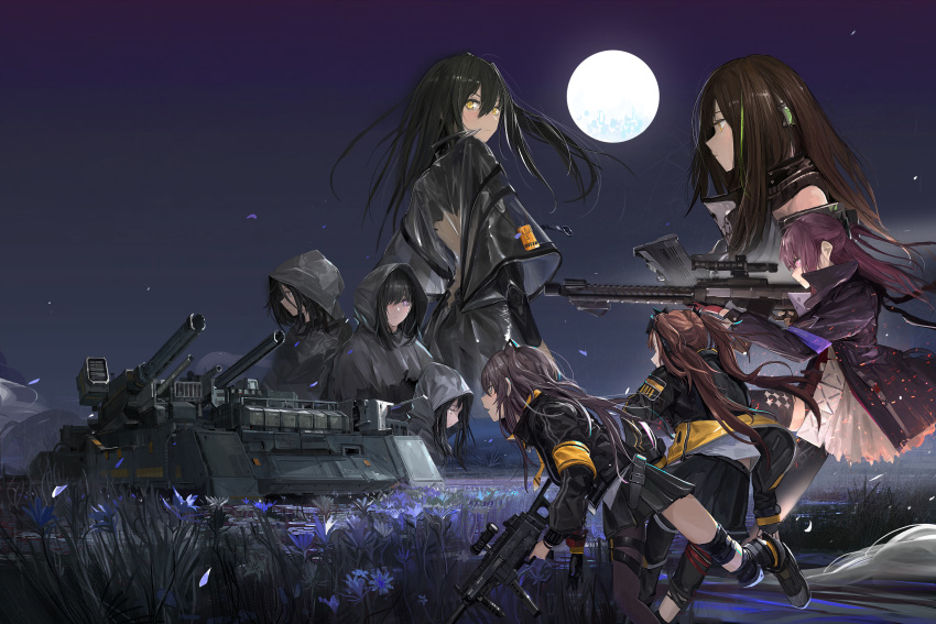 6+girls absurdres aiming ar-15 armband armor armored_vehicle assault_rifle bangs black_hair brown_hair cloak closed_mouth field fingerless_gloves flower full_moon gas_mask girls_frontline gloves goggles goggles_on_head green_hair grey_hair ground_vehicle gun h&amp;k_ump h&amp;k_ump45 hair_between_eyes hair_ornament headgear heckler_&amp;_koch highres holding holding_gun holding_weapon hood hooded_cloak jacket kcco_(girls_frontline) long_hair m4_carbine m4a1_(girls_frontline) military military_vehicle mod3_(girls_frontline) moon motor_vehicle multicolored_hair multiple_girls night night_sky nyto_iso_(girls_frontline) official_art one_side_up open_mouth outdoors paindude pantyhose paradeus pink_hair rifle running skirt sky smile smoke st_ar-15_(girls_frontline) streaked_hair submachine_gun tank train ump45_(girls_frontline) ump9_(girls_frontline) weapon