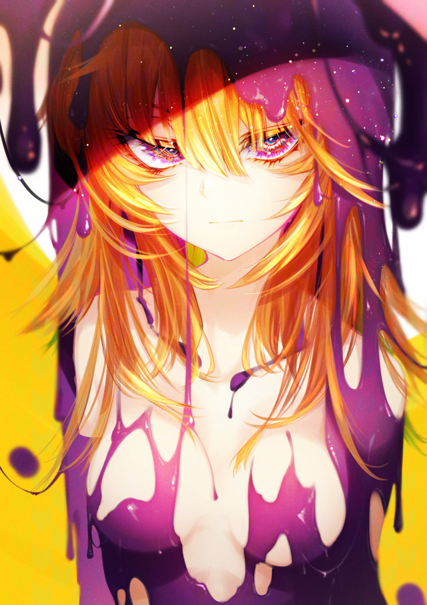 1girl bangs blonde_hair blurry_foreground breasts closed_mouth cluseller collarbone commentary completely_nude english_commentary hair_between_eyes half-closed_eyes highres light_particles long_hair looking_at_viewer medium_breasts multicolored multicolored_eyes nude original rainbow_eyes shiny sidelocks simple_background slime solo upper_body yellow_background