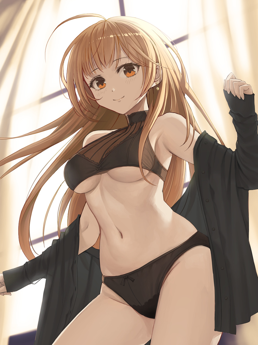 1girl ahoge backlighting bangs bare_shoulders black_bra black_panties black_shirt blush bra breasts brown_hair closed_mouth commentary_request contrapposto cowboy_shot earrings eyebrows_visible_through_hair highres indoors jchoy jewelry long_hair long_sleeves looking_at_viewer medium_breasts navel off_shoulder open_clothes open_shirt orange_eyes original panties shirt sleeveless solo stomach unbuttoned unbuttoned_shirt underboob underwear very_long_hair window