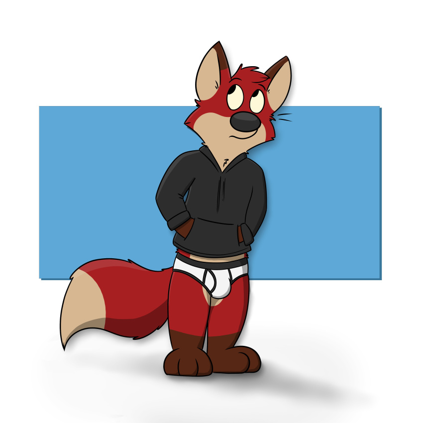 1:1 absurd_res anthro black_clothing black_hoodie black_topwear briefs bulge canid canine clothing drawyourfursona fox hi_res hoodie hoodie/briefs_meme male mammal meme meme_clothing simple_background solo standing topwear underwear unknown_artist white_clothing white_underwear