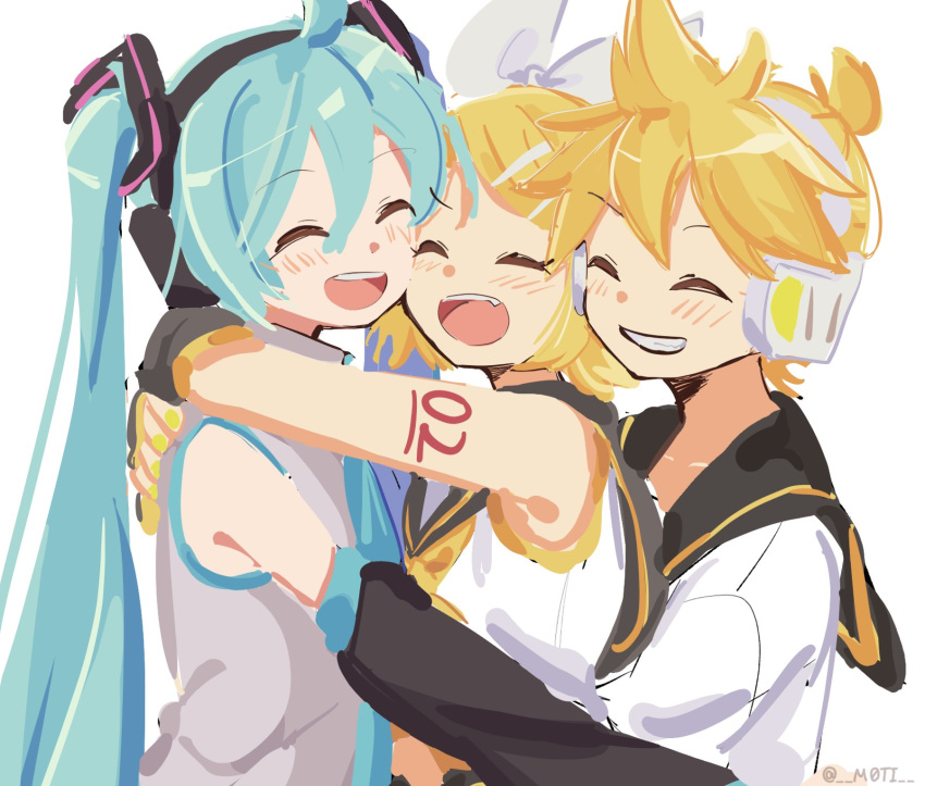 1boy 2girls aqua_eyes aqua_hair aqua_neckwear arm_warmers bangs bare_shoulders black_collar black_sleeves blonde_hair bow collar commentary crop_top detached_sleeves doodle grey_shirt hair_bow hair_ornament hairclip hatsune_miku headphones highres kagamine_len kagamine_rin long_hair m0ti multiple_girls necktie sailor_collar school_uniform shirt short_hair short_ponytail shoulder_tattoo sleeveless sleeveless_shirt spiked_hair swept_bangs tattoo twintails upper_body very_long_hair vocaloid white_bow white_shirt yellow_neckwear