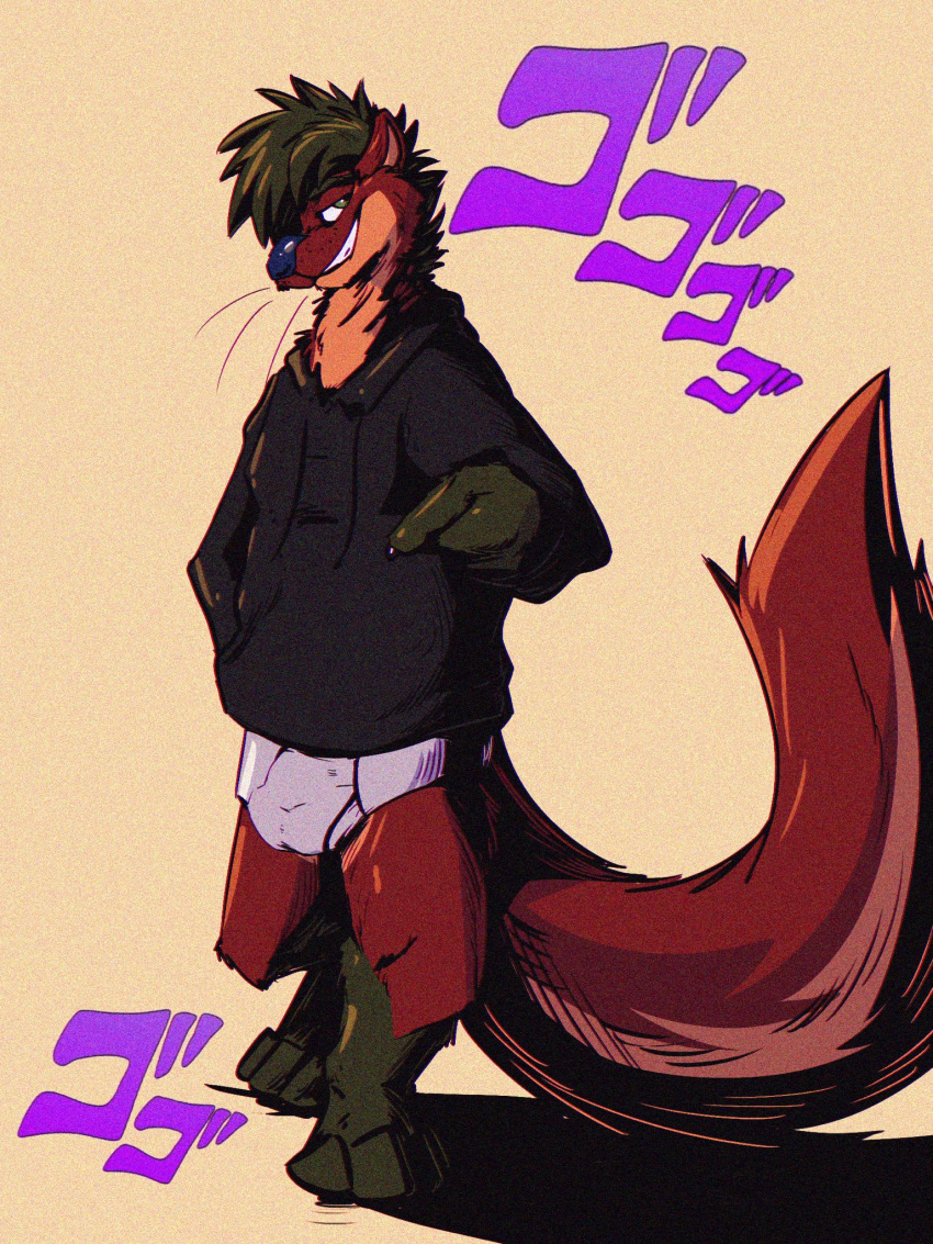 3:4 anthro black_clothing black_hoodie black_topwear briefs bulge clothing drawyourfursona hi_res hoodie hoodie/briefs_meme jojo's_bizarre_adventure lutrine male mammal meme meme_clothing mustelid simple_background solo standing topwear underwear unknown_artist white_clothing white_underwear