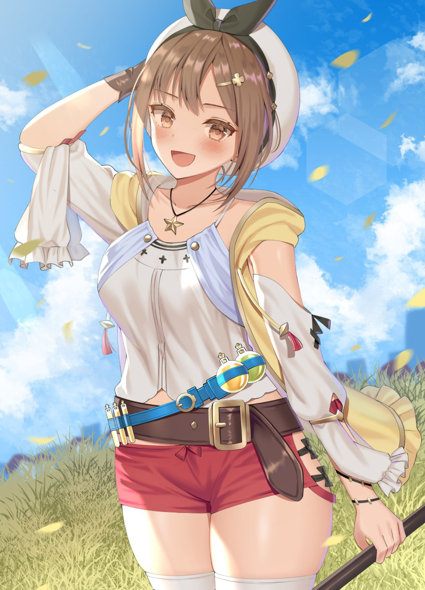 1girl atelier_(series) atelier_ryza belt blue_belt brown_belt brown_gloves brown_hair flask gloves hand_on_headwear highres izumo_neru jacket jewelry leather leather_belt leather_gloves necklace outdoors red_shorts reisalin_stout round-bottom_flask short_shorts shorts skindentation smile solo star_(symbol) star_necklace thighhighs thighs vial white_headwear white_legwear yellow_jacket