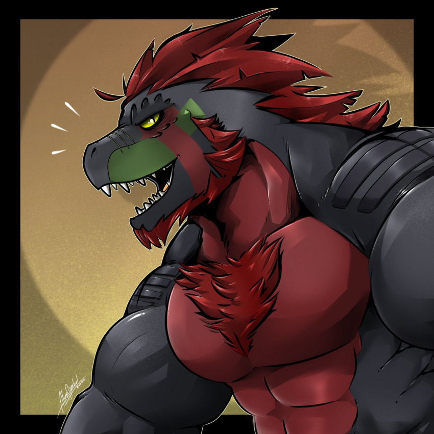 abs aliensymbol anthro beard biceps black_body chest_tuft dinosaur facial_hair fangs hair hi_res looking_at_viewer male muscular muscular_anthro muscular_male pecs red_hair reptile scalie solo tagg teeth theropod tuft tyrannosaurid tyrannosaurus tyrannosaurus_rex