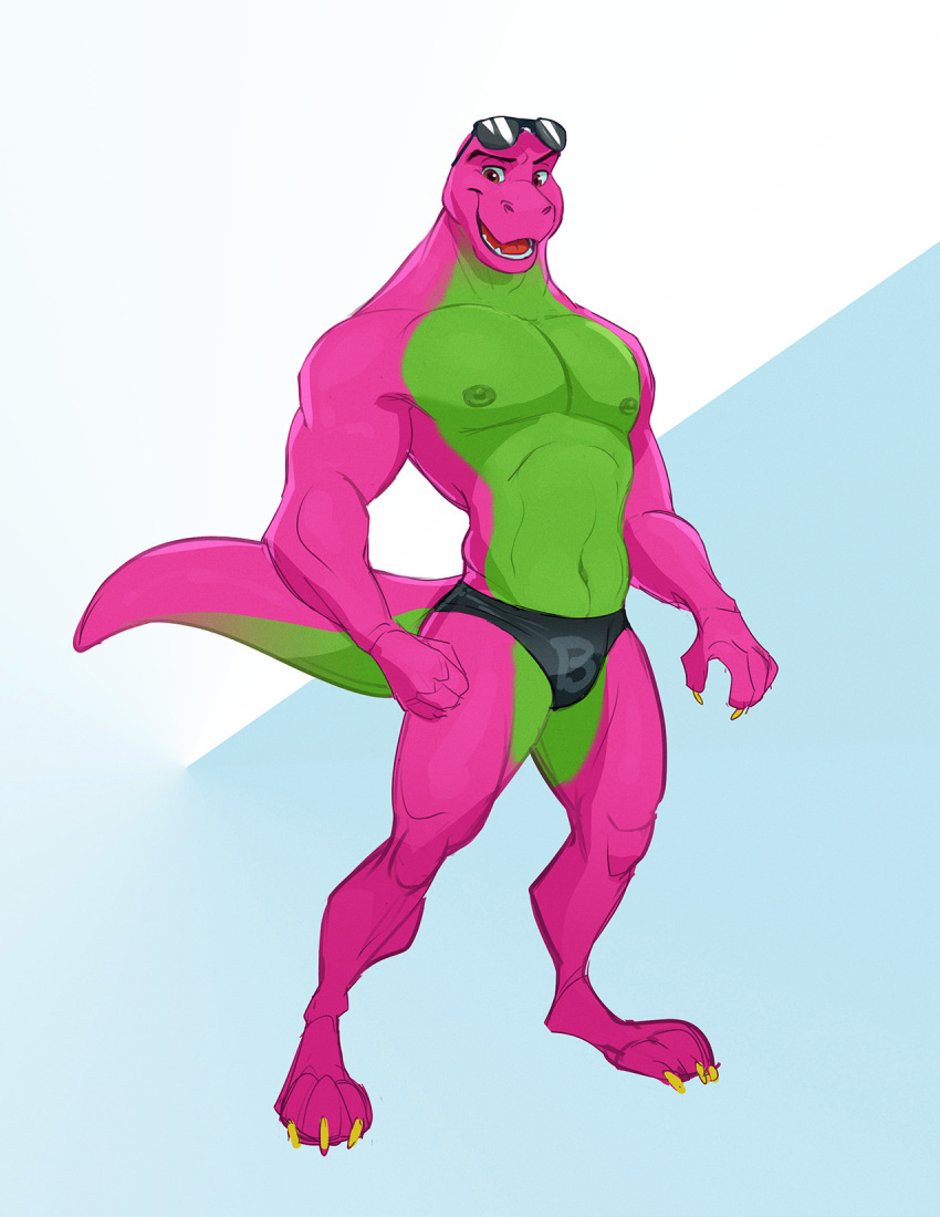 abstract_background anthro anthrofied barney_and_friends barney_the_dinosaur claws clothed clothing colt3n dinosaur eyewear eyewear_on_head green_body green_scales hi_res male muscular muscular_male nipples open_mouth pink_body pink_scales reptile scales scalie smile solo speedo sunglasses sunglasses_on_head swimwear theropod topless tyrannosaurid tyrannosaurus tyrannosaurus_rex