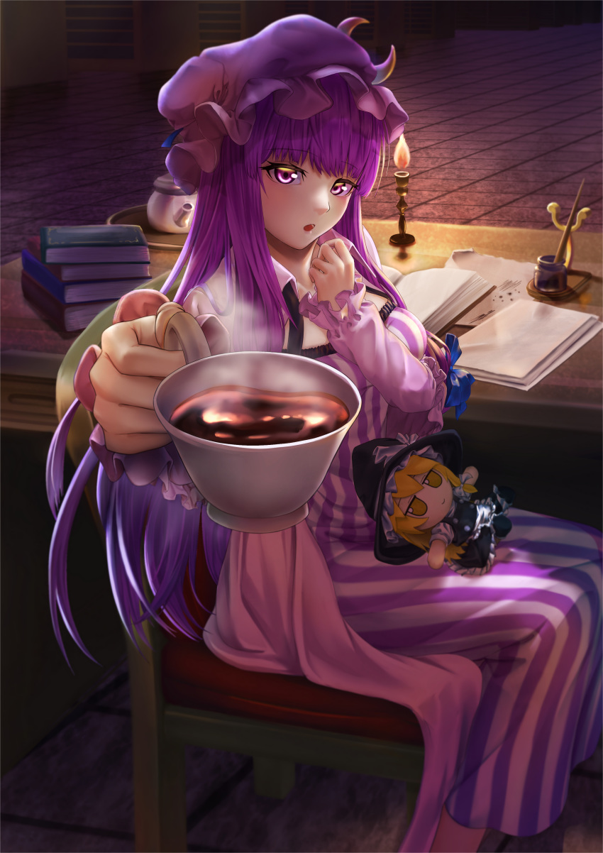 1girl :o absurdres blue_bow blue_ribbon book book_stack bookshelf bow breasts candle chair character_doll clip_studio_paint_(medium) commentary_request crescent crescent_moon_pin cup desk eyebrows_visible_through_hair giving hat hat_ribbon highres incoming_drink ink_bottle kashiwagi_(pixiv35005989) kirisame_marisa library light long_hair long_sleeves looking_at_viewer medium_breasts mob_cap open_book open_mouth paper patchouli_knowledge plate purple_eyes purple_hair ribbon sitting solo steam striped_clothes stuffed_toy tea teacup teapot tile_floor tiles touhou very_long_hair