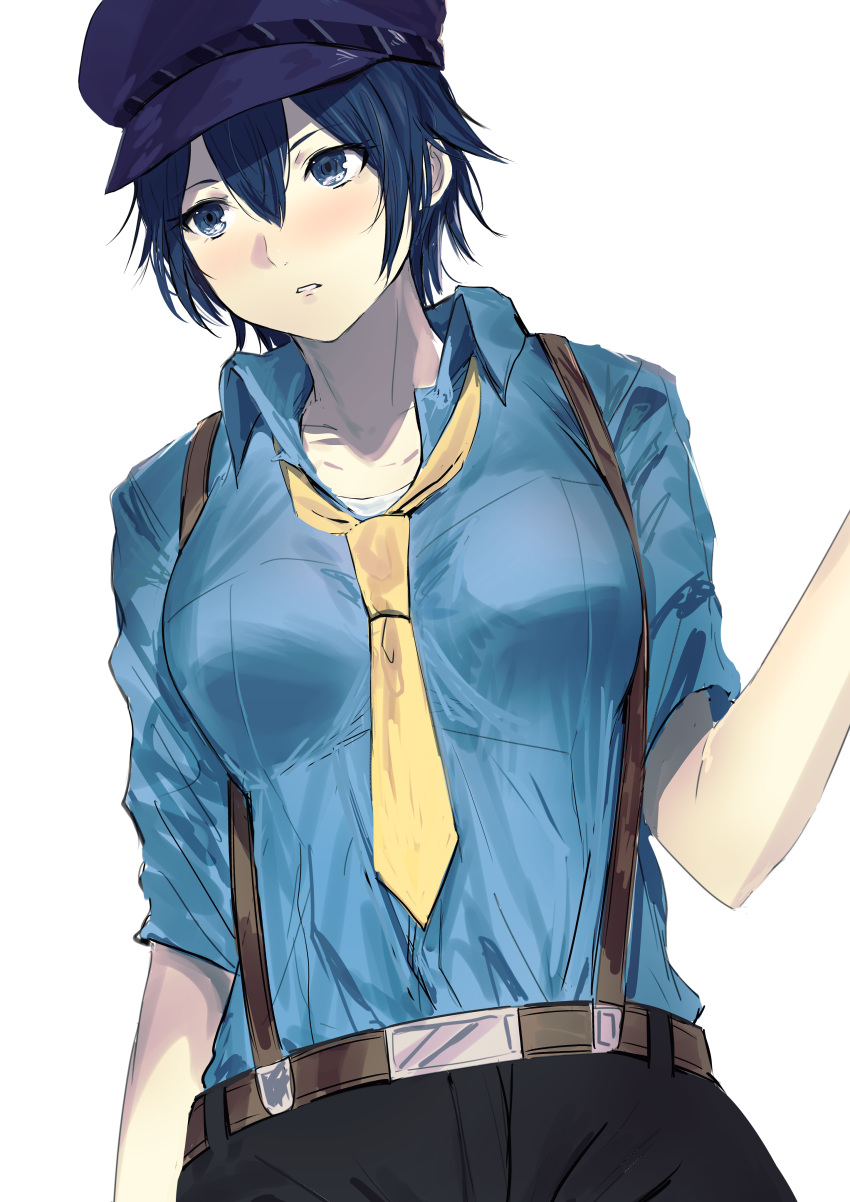 1girl absurdres blue_eyes blue_hair blue_headwear blue_shirt blush breasts hair_between_eyes hat highres large_breasts misaki_nonaka necktie persona persona_4 shirogane_naoto shirt short_hair simple_background solo suspenders yellow_neckwear