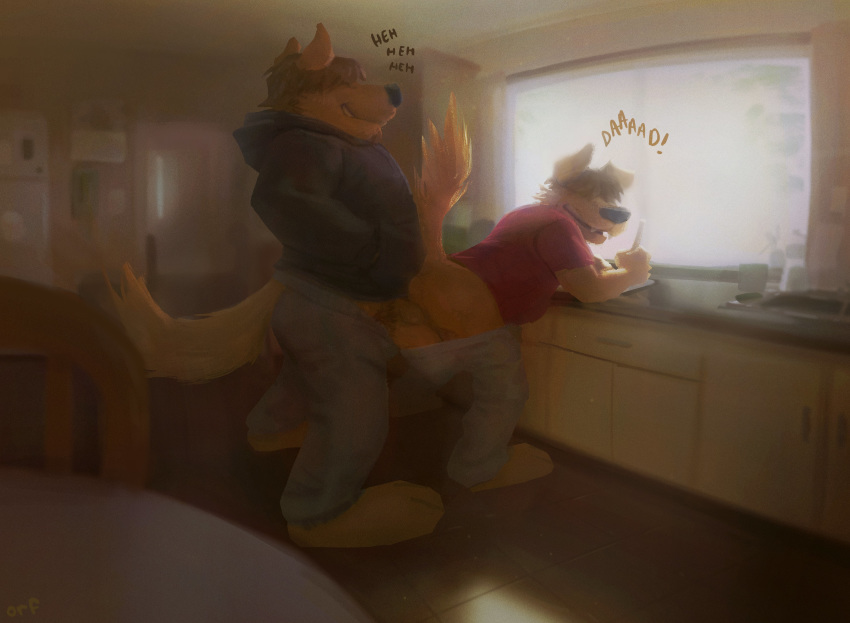 absurd_res annoyed anthro anthro_on_anthro arched_back balls bent_over biped butt canid canine canis chuckling clothed clothing deli_(delirost) domestic_dog duo english_text erection father father_and_child father_and_son fingers fur genitals hair hi_res humanoid_genitalia humanoid_penis imminent_anal imminent_sex incest_(lore) inside looking_back male male/male mammal orf pants_down parent parent_and_child partially_clothed paws penis perineum son standing text toes vic_(delirost) yellow_body yellow_fur yellow_tail