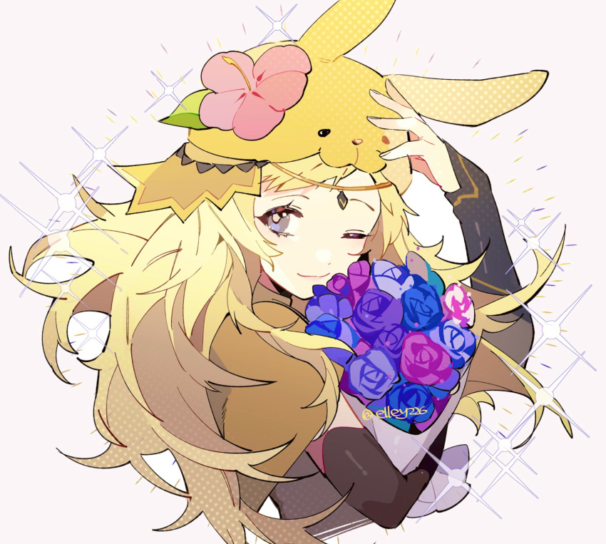 1girl animal_ears blonde_hair bunny_ears circlet closed_mouth elley226 fire_emblem fire_emblem_fates fire_emblem_heroes flower grey_eyes hair_flower hair_ornament hand_on_own_head highres in long_hair looking_at_viewer ophelia_(fire_emblem) simple_background smile sparkle upper_body