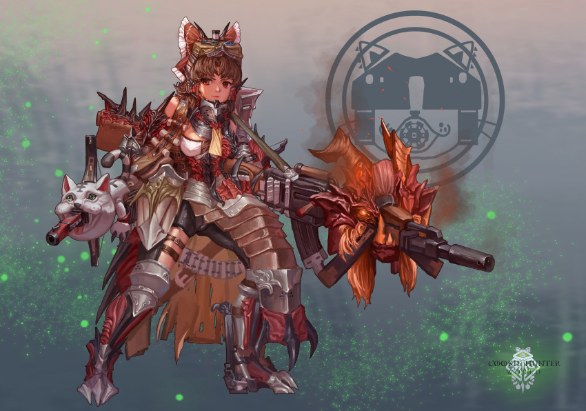 1girl absurdres ammunition_belt armored_boots backlighting bare_shoulders benikurage_(cookie) boots bow breasts brown_cape brown_hair cameltoe cape cat closed_mouth commentary cookie_(touhou) copyright_name dual_wielding full_body gauntlets goggles goggles_on_head gun hair_bow hair_tubes hakurei_reimu highres holding holding_gun holding_weapon leg_armor medium_breasts medium_hair miura_cat monster_hunter monster_hunter:_world oversized_object rathalos_(armor) red_armor red_bow red_eyes smoking solo standing thigh_strap tomovan torn_cape torn_clothes touhou weapon