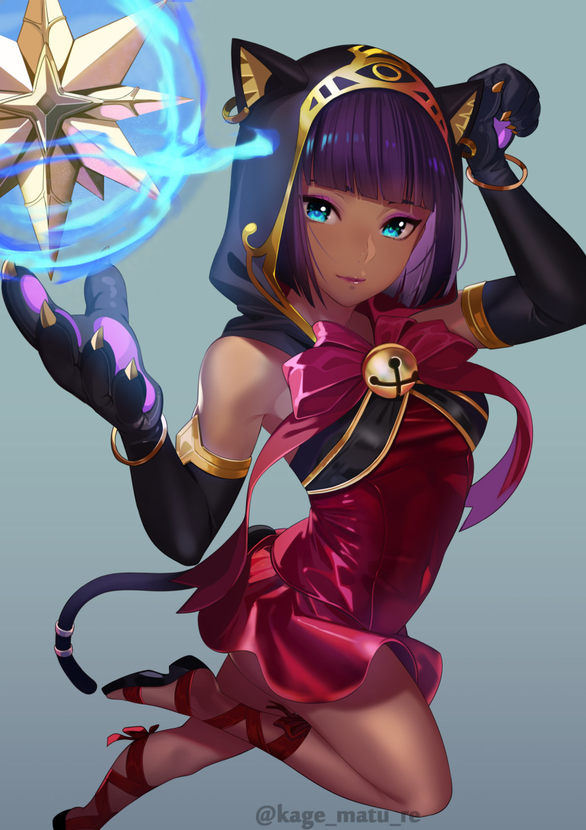 1girl absurdres animal_ears aqua_eyes bell blue_background bob_cut bow bracelet cat_ears cat_paws claws cross-laced_footwear dress eyeshadow gradient gradient_background highres hood jewelry jingle_bell kagematsuri looking_at_viewer magic makeup menat paws purple_hair short_dress solo street_fighter street_fighter_v tail tsurime twitter_username