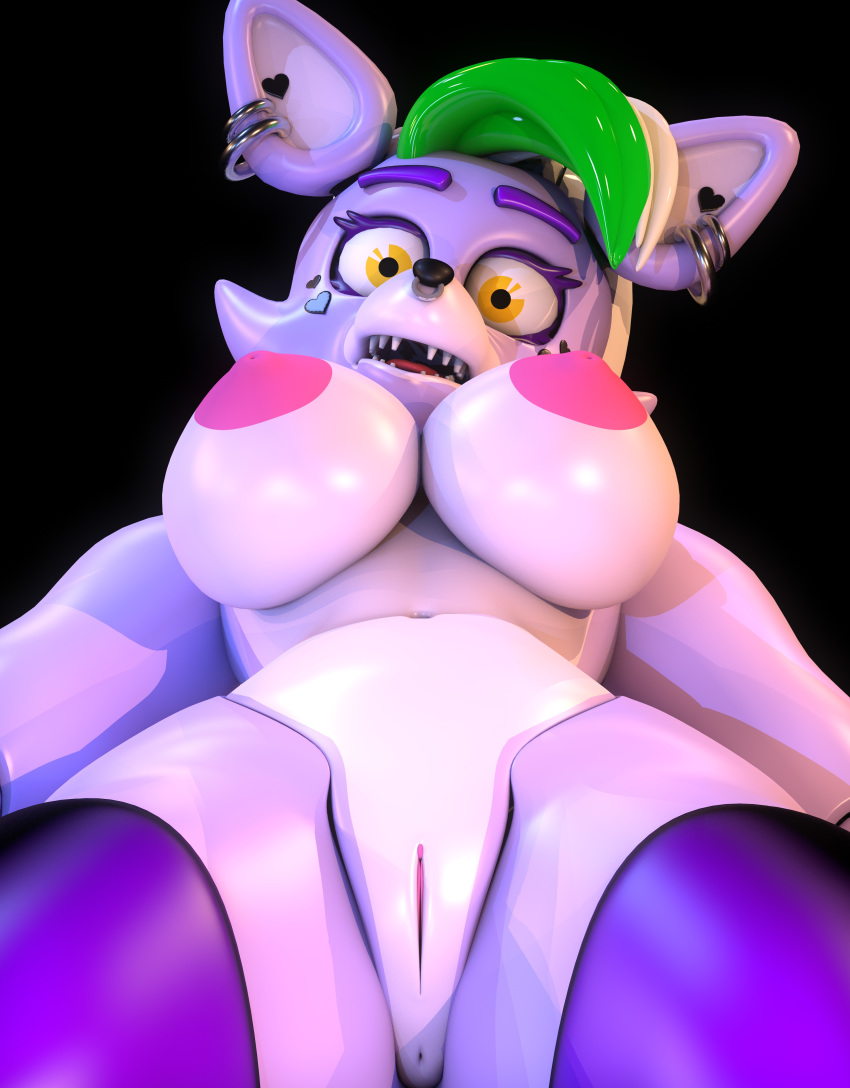 3d_(artwork) absurd_res animatronic anthro anus breasts canid canine canis claws clothing collar digital_media_(artwork) eyebrows facial_piercing female fingers five_nights_at_freddy's five_nights_at_freddy's:_security_breach genitals geometryboymejia green_hair hair half-closed_eyes hand_behind_head hi_res leggings legwear looking_at_viewer looking_back looking_down low-angle_view machine mammal narrowed_eyes nipples nose_piercing piercing purple_body pussy robot roxanne_wolf_(fnaf) septum_piercing solo spiked_collar spikes toe_claws video_games white_hair wolf yellow_eyes