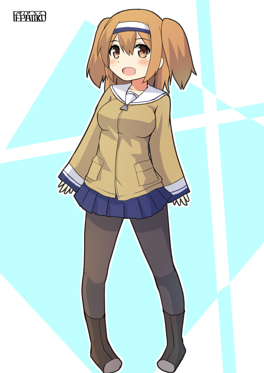 1girl alternate_costume artist_logo black_legwear blue_background blue_skirt boots breasts full_body green_jacket hairband highres i-26_(kantai_collection) impossible_clothes jacket kantai_collection light_brown_eyes light_brown_hair long_sleeves medium_breasts open_mouth pantyhose pepatiku sailor_collar short_sleeves skirt solo two-tone_hairband two_side_up white_background white_sailor_collar
