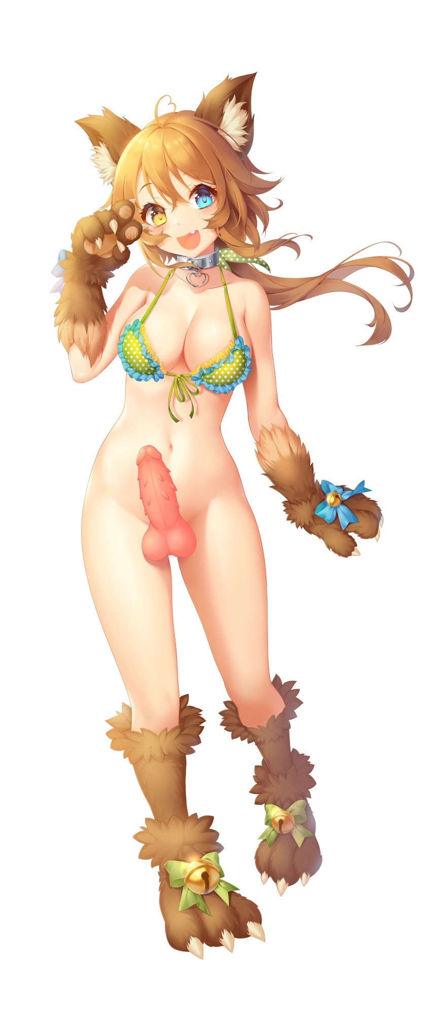1girl :d absurdres ahoge animal_ears animal_penis barbed_penis bell bikini bikini_top blue_bow blue_eyes bottomless bow brown_hair cat_ears cat_girl cat_paws choker claws collar collarbone existence eyebrows_visible_through_hair fang full_body fur futanari green_bow heart_collar heterochromia highres jingle_bell long_hair looking_at_viewer metal_collar monster_girl nekomata open_mouth paws penis pinchuu ponytail red_penis second-party_source simple_background smile solo sprite swimsuit testicles white_background yellow_eyes