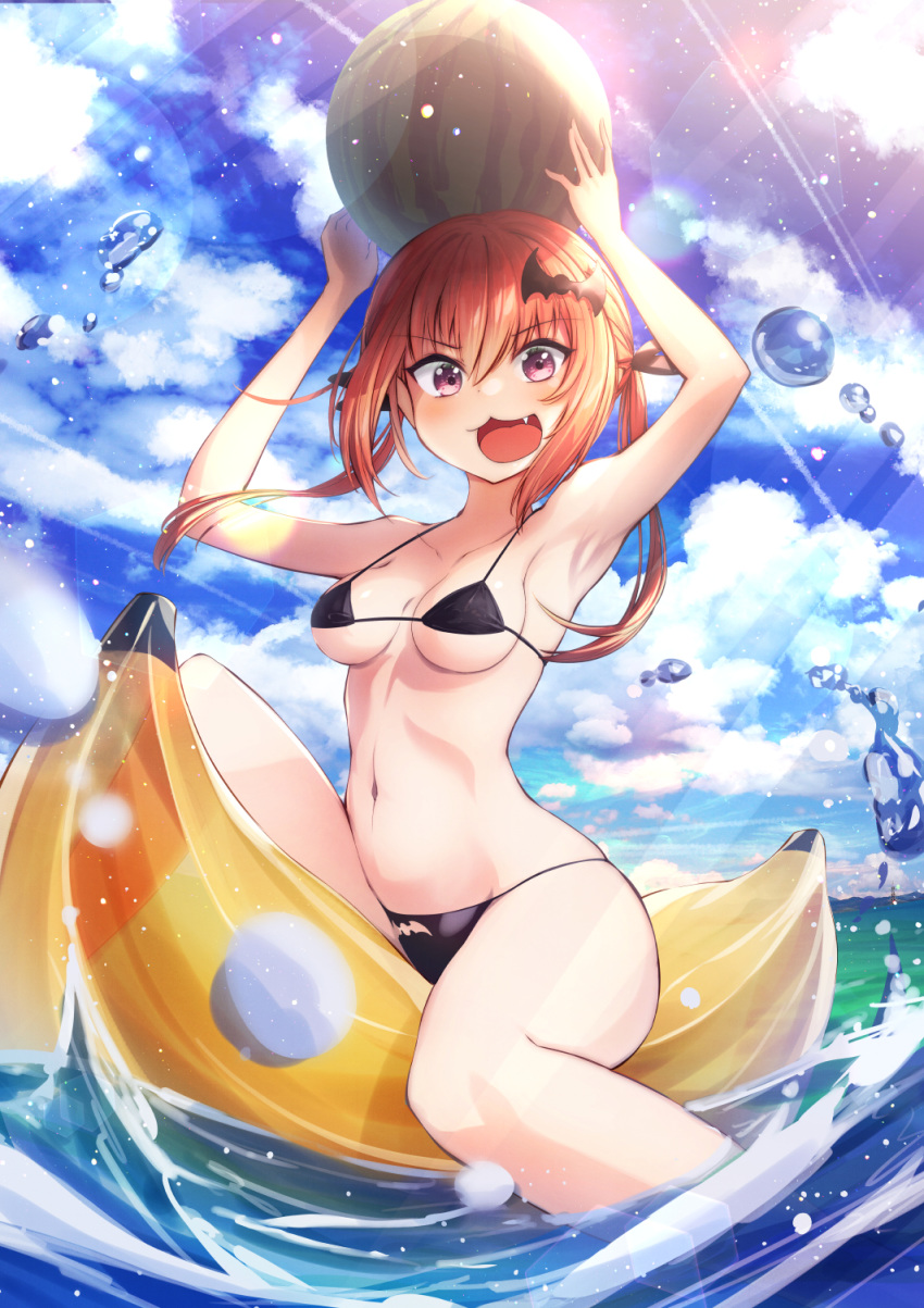 1girl :3 alternate_costume armpits arms_up bangs bare_shoulders bat_cutout bat_hair_ornament bikini black_bikini black_ribbon blue_sky blush breasts clothing_cutout cloud cluseller collarbone commentary_request day fang food fruit gabriel_dropout hair_ornament hair_ribbon happy highres holding knee_up kurumizawa_satanichia_mcdowell lens_flare light_particles light_rays long_hair looking_at_viewer medium_breasts navel object_on_head ocean open_mouth orange_hair outdoors pink_eyes ribbon riding shiny shiny_skin sidelocks sitting sky smile solo stomach string_bikini sunlight swimsuit tied_hair twintails underboob v-shaped_eyebrows water watermelon