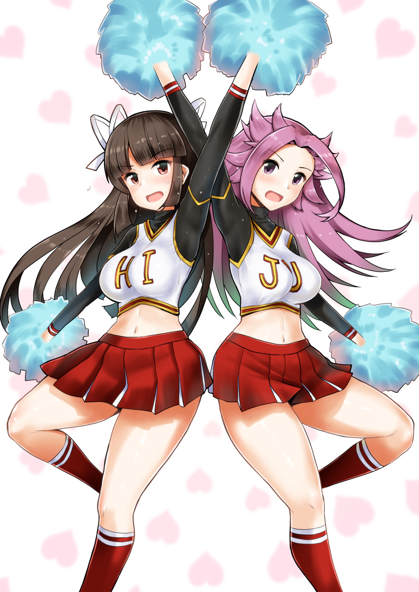 2girls absurdres black_hair breasts cheering cheerleader eyebrows_visible_through_hair hair_ribbon heart heart_background highres hime_cut hiyou_(kantai_collection) holding holding_pom_poms jun'you_(kantai_collection) kantai_collection large_breasts long_hair long_sleeves looking_at_viewer midriff minase_(takaoka_nanase) multiple_girls navel open_mouth pleated_skirt pom_poms purple_eyes purple_hair red_eyes red_legwear ribbon skirt sweat thighs