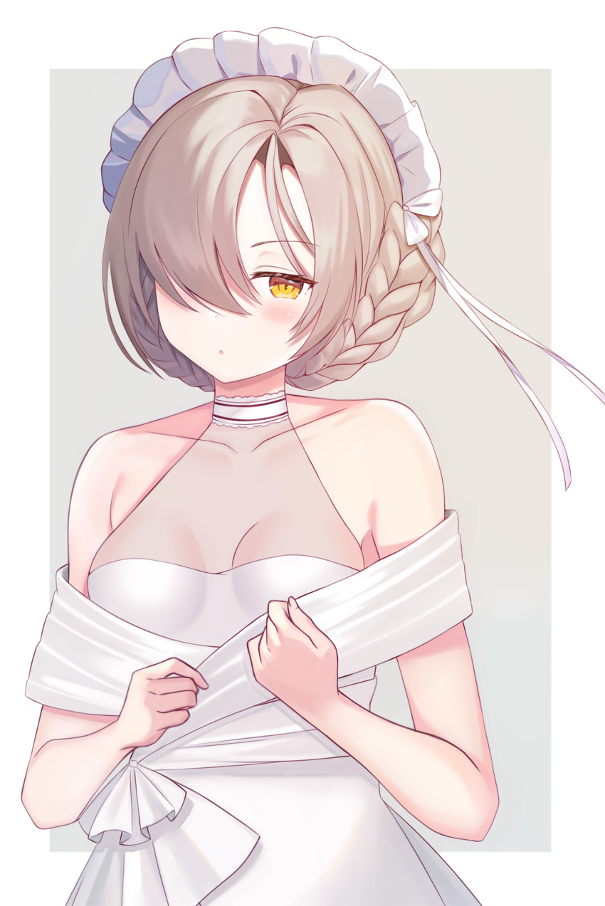 1girl :o azur_lane bare_shoulders beige_background blonde_hair blush braid breasts chestnut_mouth choker cleavage collarbone commentary_request dress hair_over_one_eye half-closed_eyes highres maid_headdress nannann parted_lips see-through sheffield_(azur_lane) short_hair simple_background sleeveless sleeveless_dress small_breasts solo standing two-tone_background upper_body white_background white_dress yellow_eyes