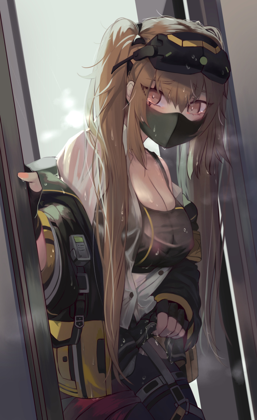 1girl absurdres bangs black_gloves black_legwear breasts brown_hair cleavage commentary_request edited eyebrows_visible_through_hair fingerless_gloves girls_frontline gloves goggles goggles_on_head highres jacket large_breasts long_hair looking_at_viewer mask mouth_mask nipples off_shoulder panties pantyhose revision scar scar_across_eye see-through skirt solo tears third-party_edit torriet twintails ump9_(girls_frontline) underwear wet wet_clothes