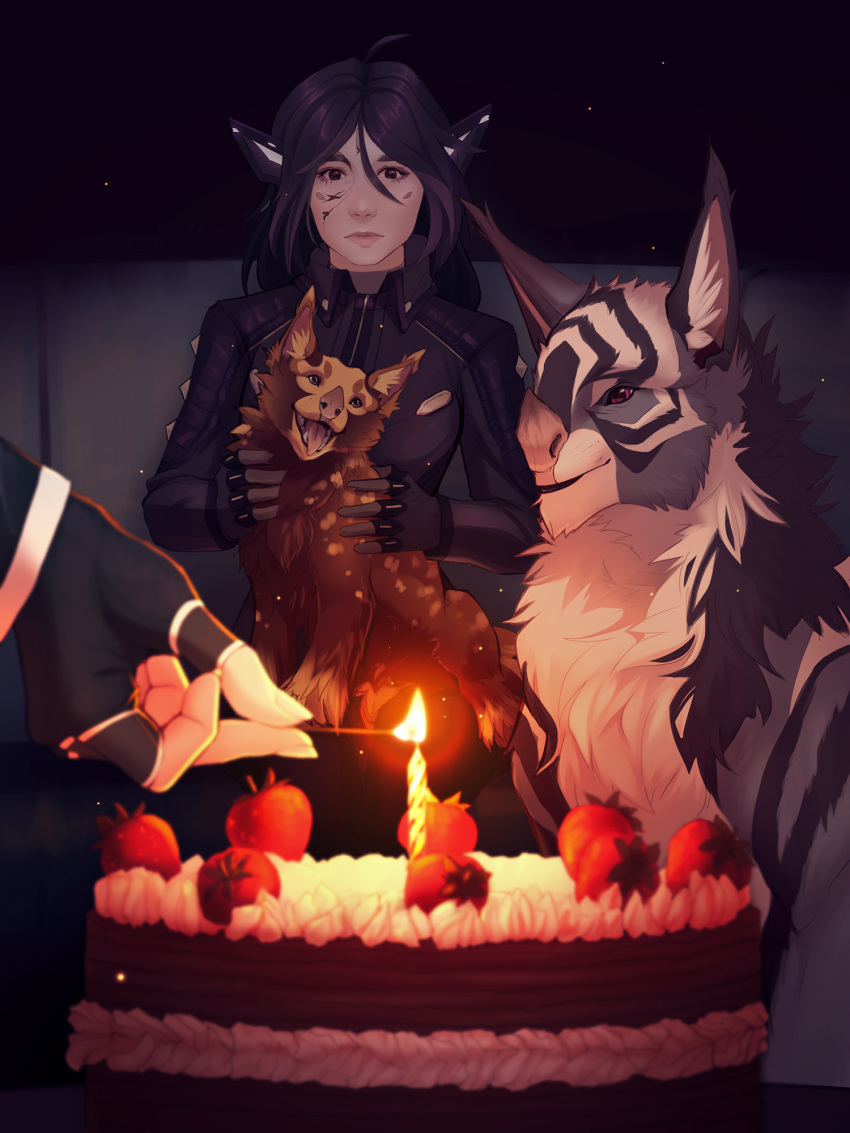 2020 3:4 ambiguous_gender breasts cake clothed clothing dessert digital_media_(artwork) female feral fire food group hi_res humanoid kubrow lynxyjones open_mouth smile teeth tongue