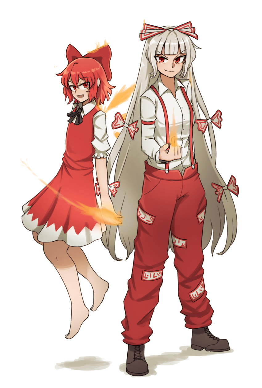 2girls achi_cirno alternate_color bangs barefoot black_neckwear black_ribbon bow brown_footwear cirno closed_eyes collared_shirt dress eyebrows_visible_through_hair fairy fairy_wings fiery_wings fire floating fujiwara_no_mokou full_body grey_hair hair_bow highres long_hair long_sleeves looking_at_viewer mata_(matasoup) multicolored_bow multiple_bows multiple_girls ofuda_on_clothes open_mouth pants pyrokinesis red_bow red_dress red_eyes red_hair red_pants ribbon shirt short_hair short_sleeves simple_background smile standing suspenders touhou v-shaped_eyebrows white_background white_bow white_shirt wings