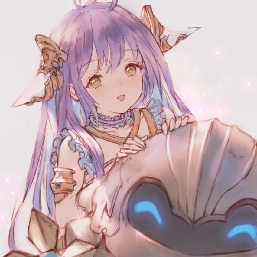 1girl :d aenea_amethyst_rebel android blue_eyes blush brown_eyes collar frilled_collar frills hair_between_eyes headgear highres long_hair looking_at_viewer n.a. open_mouth purple_hair robot shadowverse smile solo very_long_hair