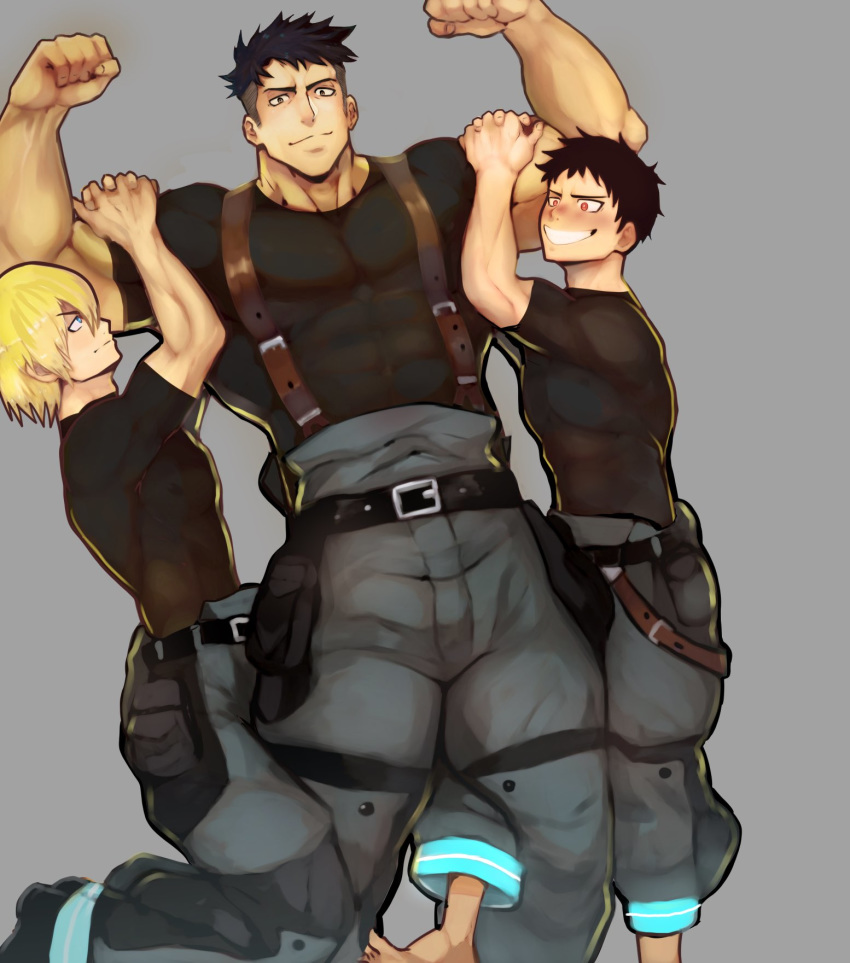 3boys abs akitaru_oubi arthur_boyle baggy_pants bangs bara belt biceps black_belt black_hair blonde_hair blue_eyes bulge cover cover_page covered_abs doujin_cover en'en_no_shouboutai flexing grey_pants highres lifting_person looking_at_viewer male_focus multiple_boys muscle navel nipples pants pectorals pose red_eyes robokeh shinra_kusakabe shirt short_hair sideburns simple_background skin_tight smile taut_clothes taut_shirt thick_thighs thighs
