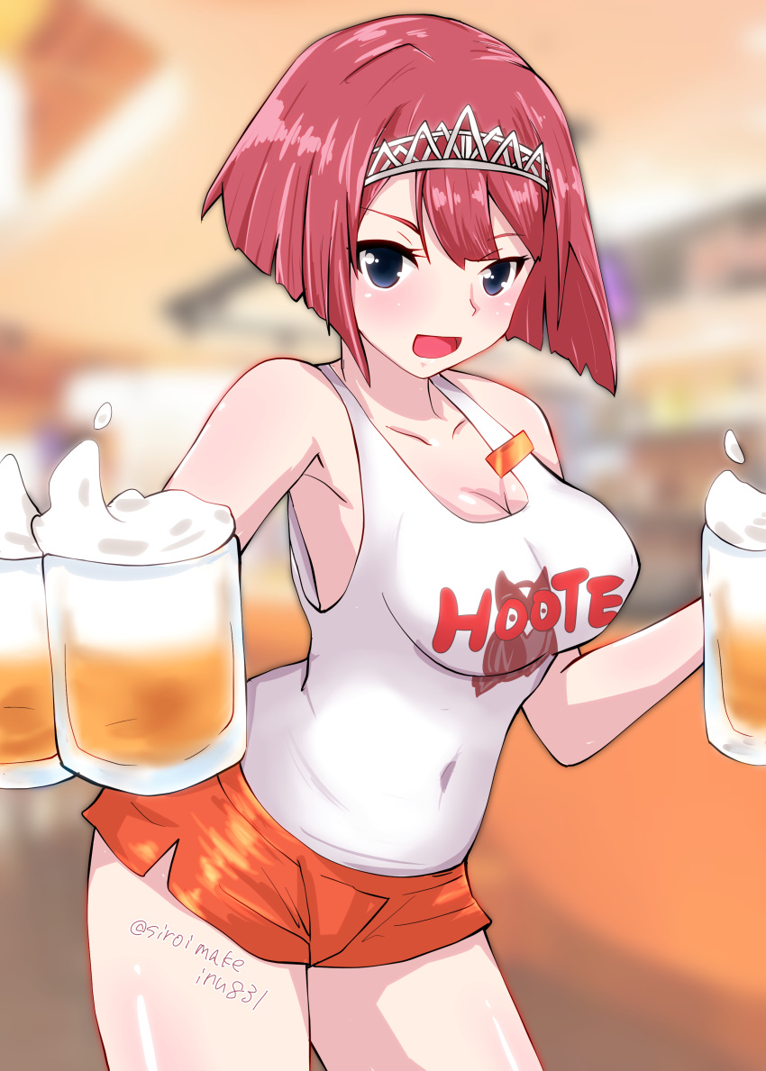 1girl absurdres alcohol alternate_breast_size alternate_costume ark_royal_(kantai_collection) armpits bangs beer beer_mug blue_eyes blunt_bangs blurry blurry_background blush bob_cut breasts cleavage covered_navel cup employee_uniform highres holding holding_cup hooters inverted_bob kantai_collection kitahama_(siroimakeinu831) large_breasts looking_at_viewer mug open_mouth orange_shorts red_hair shirt short_hair short_shorts shorts solo tank_top thighs tiara twitter_username uniform waitress white_shirt