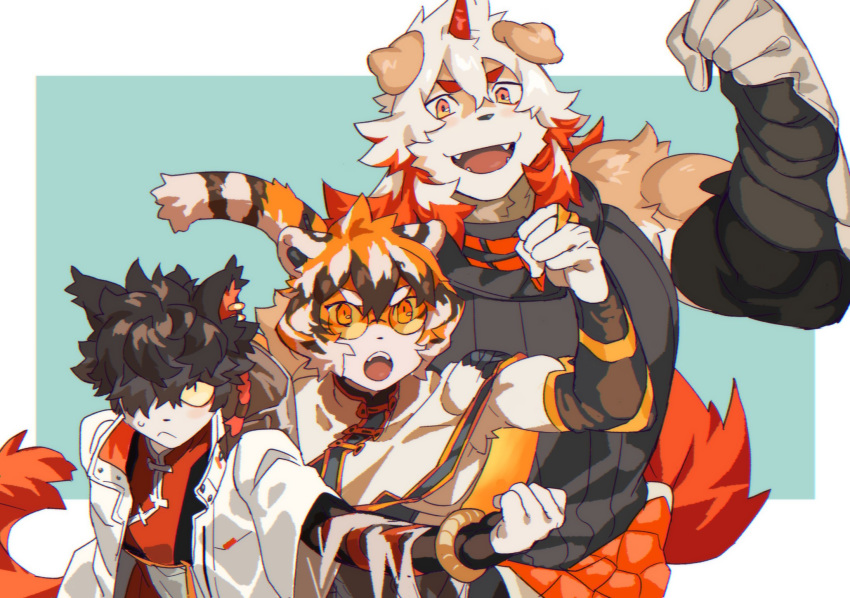 2boys aak_(arknights) animal_ears arknights arm_up bangs bare_shoulders black_tank_top brown_fur cat_boy character_request dog_boy dog_ears dog_tail flexing furry glasses hair_over_one_eye highres horns hung_(arknights) medium_hair multicolored_hair multiple_boys muscle one_eye_covered orange_eyes orange_hair pectorals pose single_horn smile st05254 streaked_hair tail tank_top tiger_tail two-tone_fur upper_body white_fur white_hair