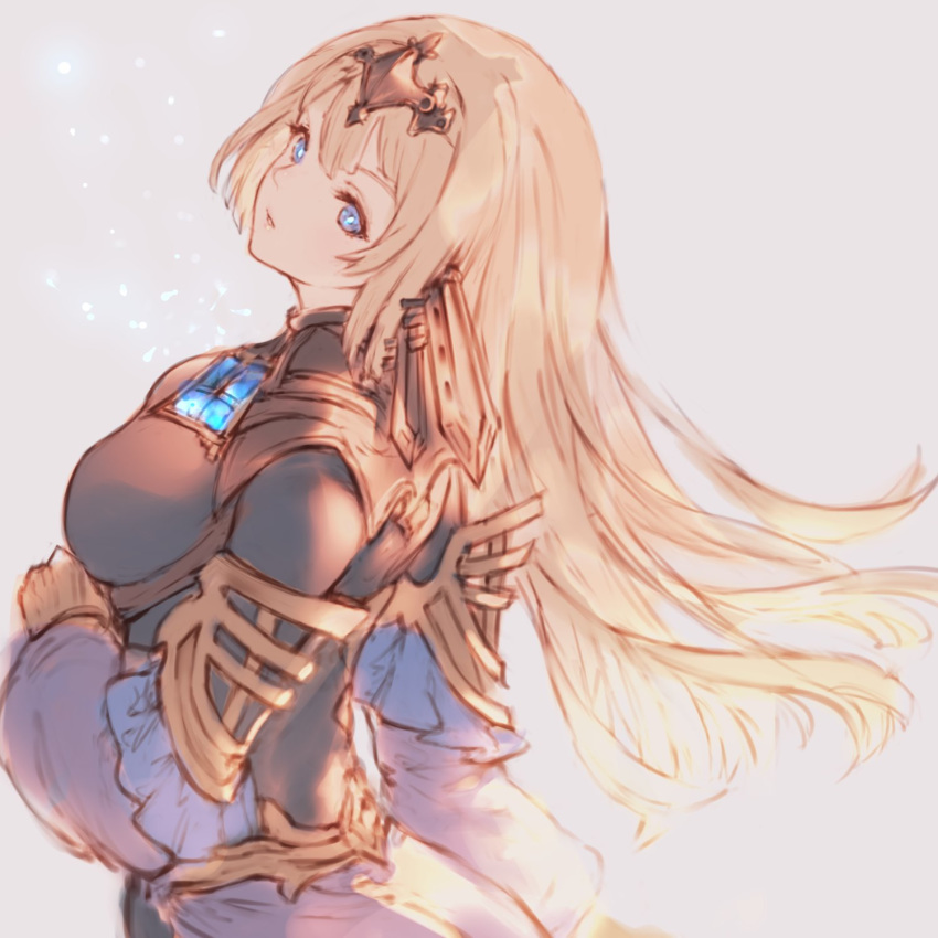 1girl android bangs black_bodysuit blonde_hair blue_eyes bodysuit breasts frilled_sleeves frills gem hair_between_eyes hair_ornament headpiece highres long_hair long_sleeves looking_at_viewer looking_back medium_breasts n.a. open_mouth shadowverse solo tetra_sapphire_rebel upper_body