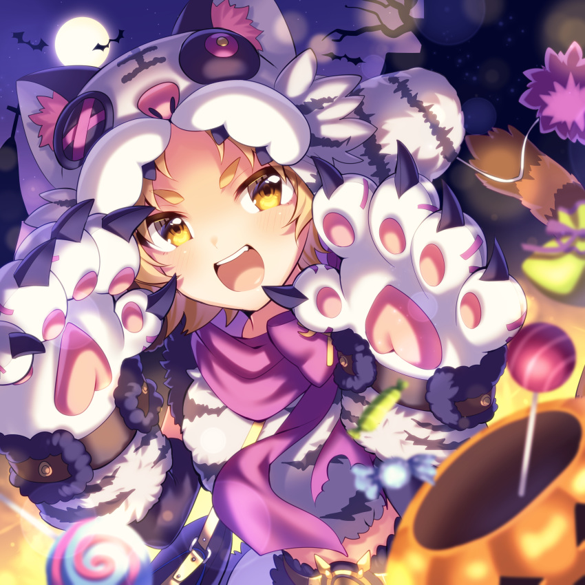 1girl absurdres animal_hat bare_tree bat blonde_hair blush candy cat_paws cat_tail claws commentary dark detached_sleeves dutch_angle food full_moon halloween halloween_costume hat highres ichiren_namiro jack-o'-lantern lollipop looking_at_viewer matsuri_(princess_connect!) midriff moon moonlight night open_mouth paw_pose paws princess_connect! princess_connect!_re:dive short_hair solo tail thick_eyebrows tree yellow_eyes