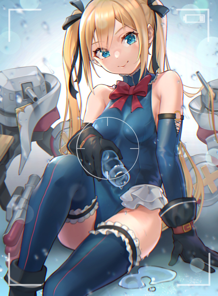 1girl absurdres azur_lane bangs bare_shoulders black_footwear black_gloves black_ribbon blonde_hair blue_eyes blue_legwear blue_leotard bow bowtie breasts dead_or_alive dead_or_alive_5 detached_sleeves eyebrows_visible_through_hair eyes_visible_through_hair fake_screenshot gloves hair_ribbon highres joeychen knee_up leotard long_hair long_sleeves looking_at_viewer marie_rose medium_breasts offering puddle red_bow ribbon sitting smile solo thighhighs thighs twintails weapon