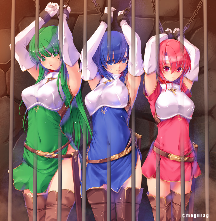 3girls arms_up blue_eyes blue_hair boots bound breastplate brick_wall brown_footwear catria_(fire_emblem) chain chained chained_wrists covered_navel dungeon elbow_gloves est_(fire_emblem) fire_emblem fire_emblem:_mystery_of_the_emblem gloves green_eyes green_hair headband highres indoors kirishima_satoshi long_hair multiple_girls palla_(fire_emblem) pegasus_knight pink_eyes pink_hair restrained short_hair siblings sisters thigh_boots thighhighs white_gloves white_headband