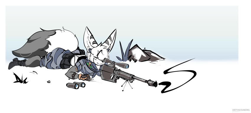 absurd_res anthro band-aid bandage binoculars boots butt camo canid canine clothed clothing dipstick_tail dirtyscoundrel ear_plugs eyes_closed female fennec fluffy footwear fox fur g-string gun headphones hi_res lying mammal markings military multicolored_tail on_front on_grass on_ground ranged_weapon rifle satchel science_fiction simple_background skimpy smoke sniper_rifle solo straps text tripod underwear weapon white_body white_fur