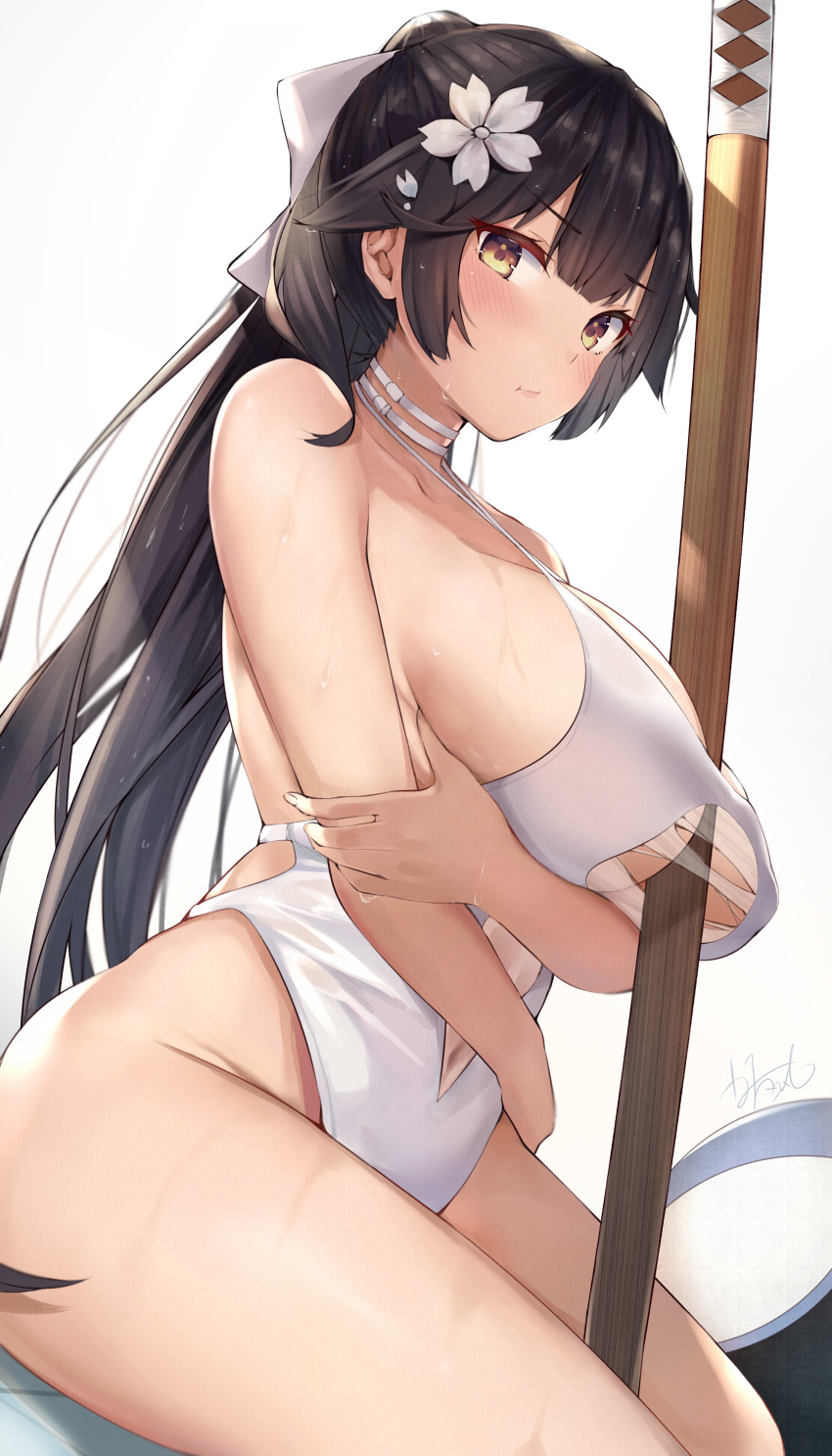1girl :t absurdres azur_lane bangs bare_shoulders between_breasts between_legs black_hair blush breasts casual_one-piece_swimsuit choker cleavage closed_mouth covered_navel eyebrows_visible_through_hair flower hair_flower hair_ornament highres huge_filesize large_breasts long_hair looking_at_viewer one-piece_swimsuit planted_sword planted_weapon ponytail pout see-through self_hug signature sitting skindentation solo swimsuit sword takao_(azur_lane) takao_(beach_rhapsody)_(azur_lane) thighs torn_clothes torn_swimsuit u_ronnta v-shaped_eyebrows very_long_hair weapon white_choker white_flower white_swimsuit wooden_sword yellow_eyes