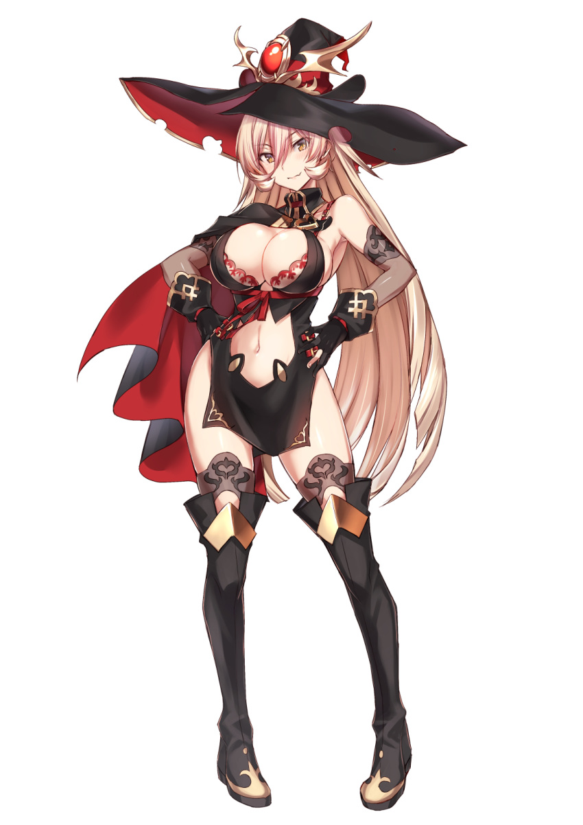 1girl bare_shoulders blonde_hair boots breasts brown_eyes cleavage elbow_gloves eyebrows_visible_through_hair full_body gloves hair_between_eyes hat heart highres large_breasts long_hair looking_at_viewer navel nijisanji nui_sociere sideboob silve simple_background solo standing thigh_boots thighhighs virtual_youtuber white_background witch_hat