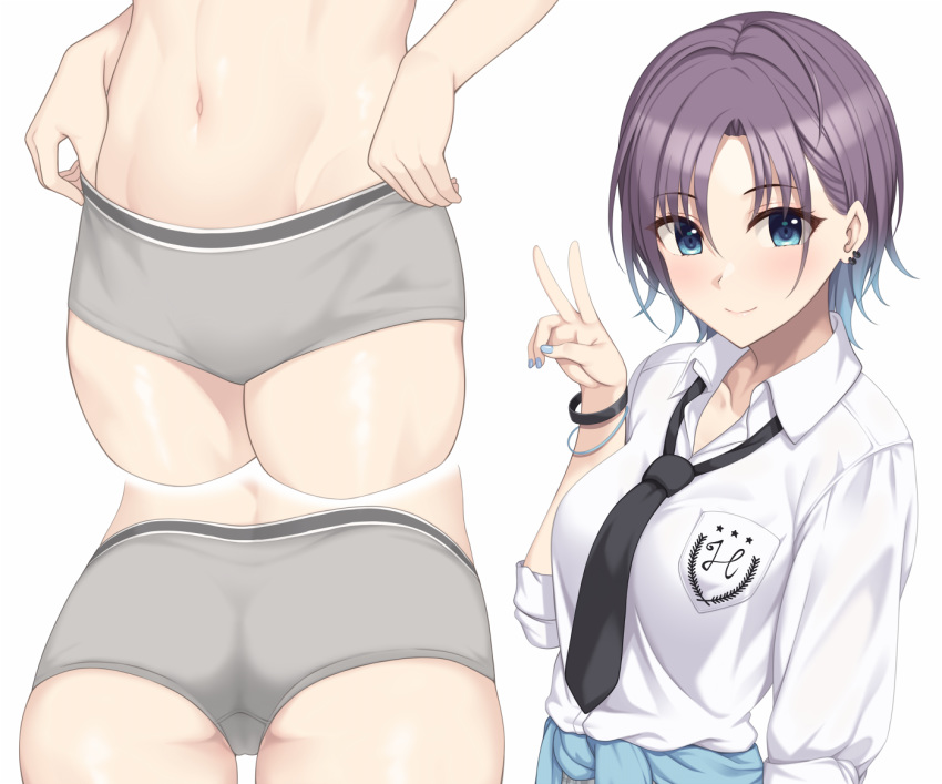 1girl ahoge asakura_tooru ass bangs black_neckwear blue_eyes blue_hair blue_nails blush boxer_briefs breast_pocket breasts closed_mouth clothes_around_waist collared_shirt earrings emblem eyebrows_visible_through_hair gradient_hair hiiragi_hajime idolmaster idolmaster_shiny_colors jewelry looking_at_viewer medium_breasts multicolored_hair multiple_views nail_polish navel necktie parted_bangs pocket purple_hair school_uniform shirt short_hair simple_background smile star_(symbol) stomach upper_body v white_background white_shirt wristband