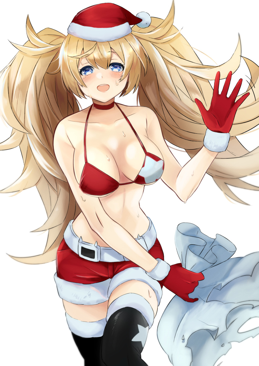 1girl absurdres alternate_costume belt bikini bikini_top black_footwear blonde_hair blue_eyes boots breasts commentary_request feet_out_of_frame fur-trimmed_gloves fur-trimmed_headwear fur-trimmed_legwear fur-trimmed_shorts fur_trim gambier_bay_(kantai_collection) gloves hat highres kantai_collection large_breasts red_bikini red_gloves red_headwear red_shorts santa_hat shorts simple_background solo standing star_(symbol) star_print swimsuit thigh_boots thighhighs toriniku_senshi_chikinman twintails waving white_background white_belt